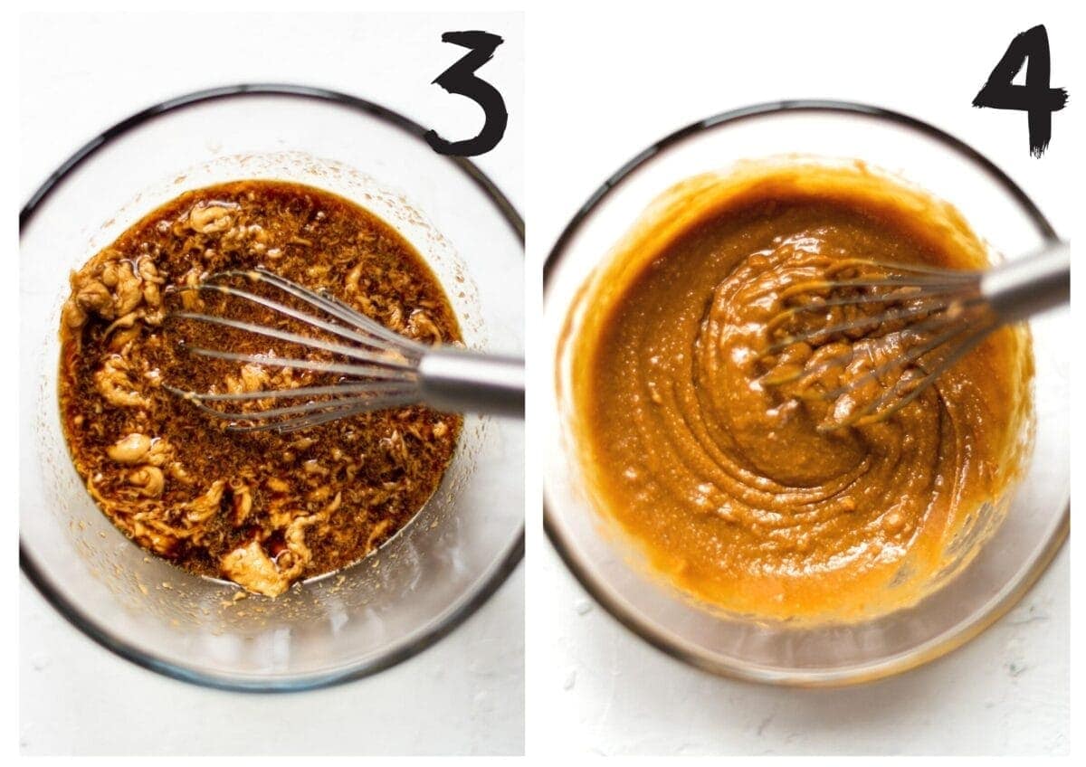Side by side photos of steps 3 & 4 of the recipe. The left photo shows a whisk part way through mixing all of the ingredients together, and on the right is a bowl of finished vegan satay sauce.