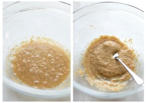 Side by side photos of before and after soaking the flaxseed.