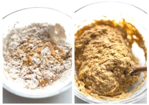 Side by side photos of adding the mixed remaining dry ingredients.