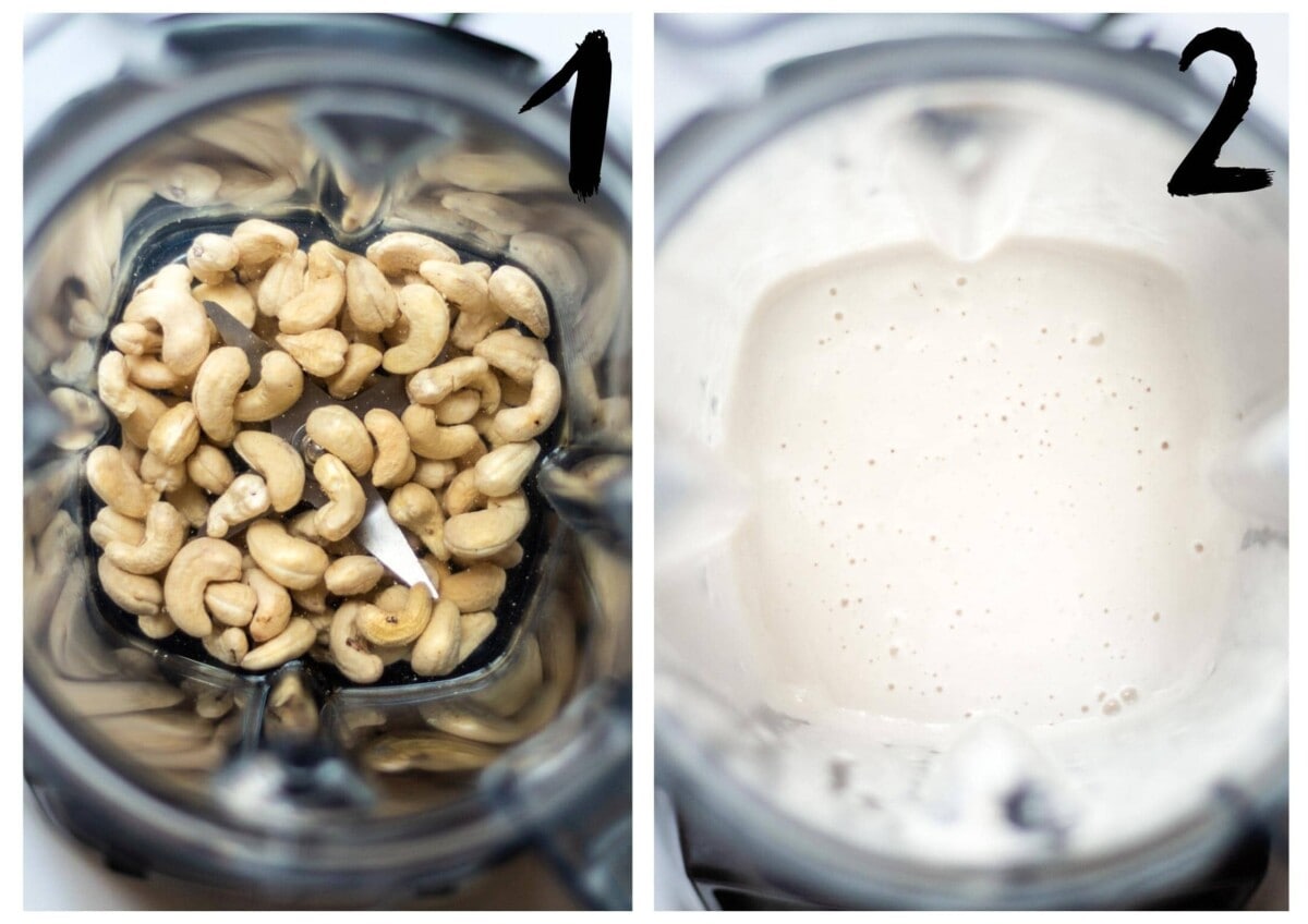 Two photos, side by side, showing the cashews and water in the Vitamix, before and after blending until smooth.