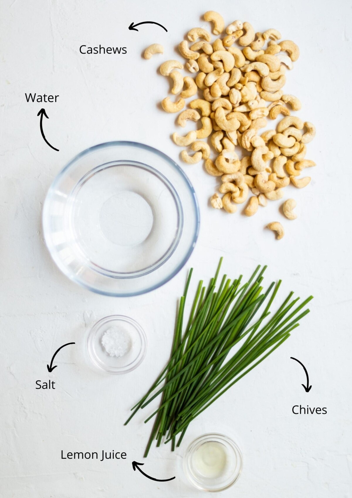 Ingredients for the chive dip laid out on a white background and labelled.