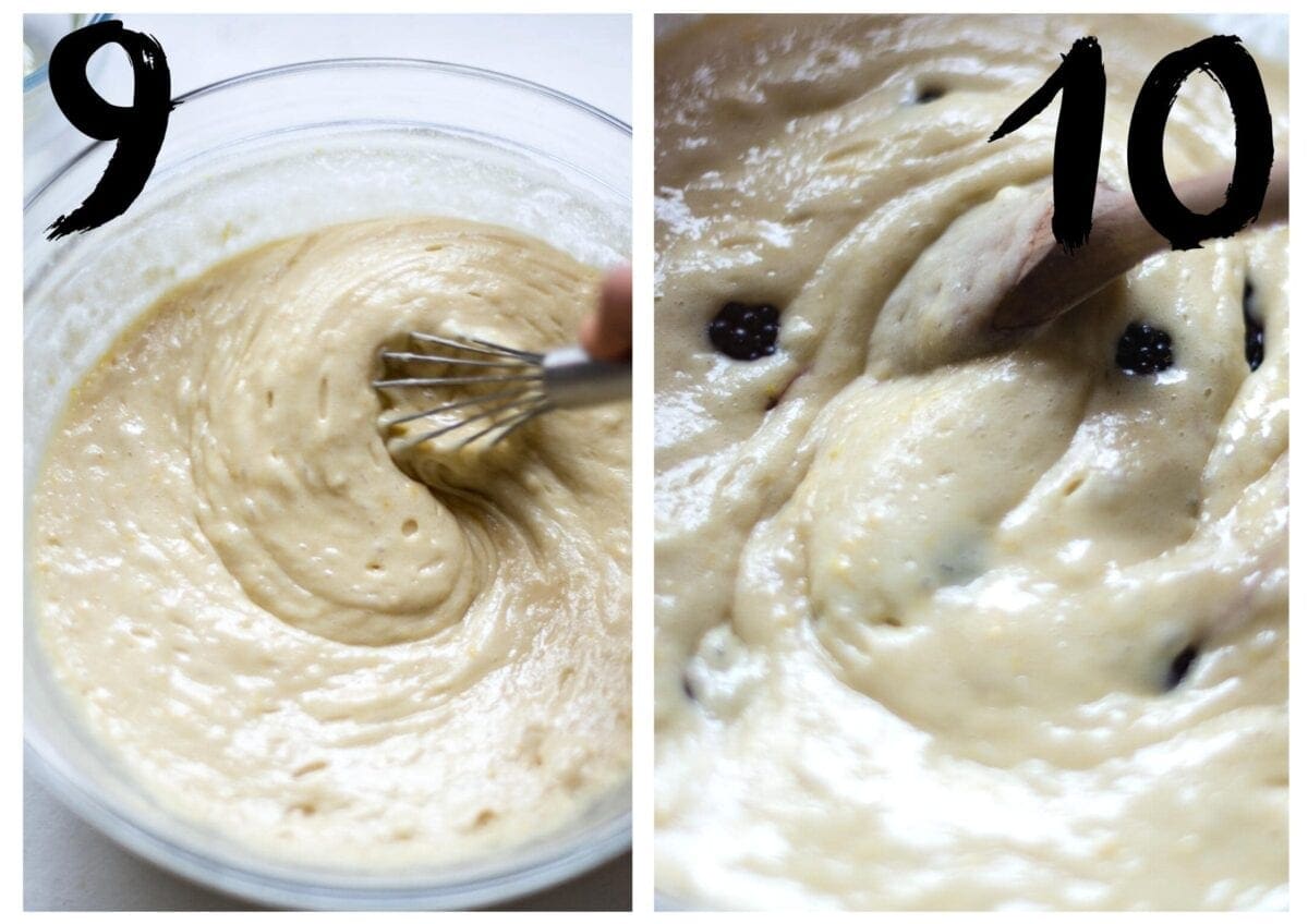 The lemon cake batter being stirred with a whisk, on the. On the right, the blackberries being added to the cake batter.