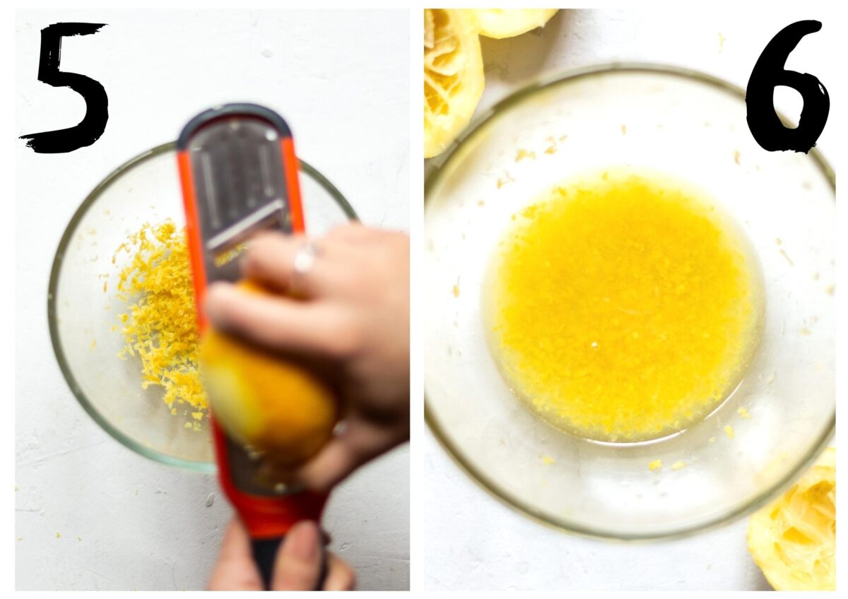Side by side photos of a glass bowl. On the left having lemon zest grated into it. On the right, with lemon juice added to the zest in the bowl.