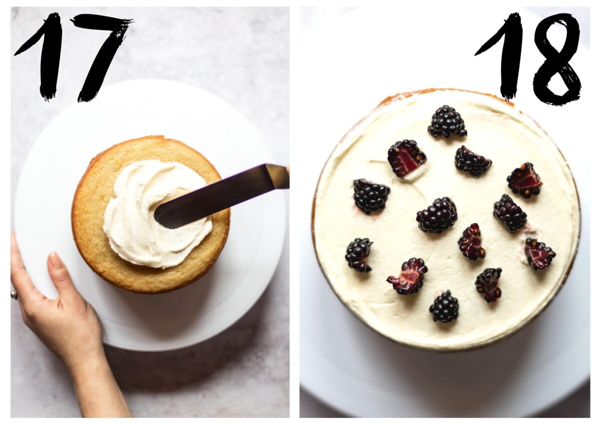 Side by side photos of the bottom layer of the cake On the left, being spread with butter cream and on the right, covered in butter cream and topped with blackberry pieces, ready for the next layer of sponge to be placed on top.