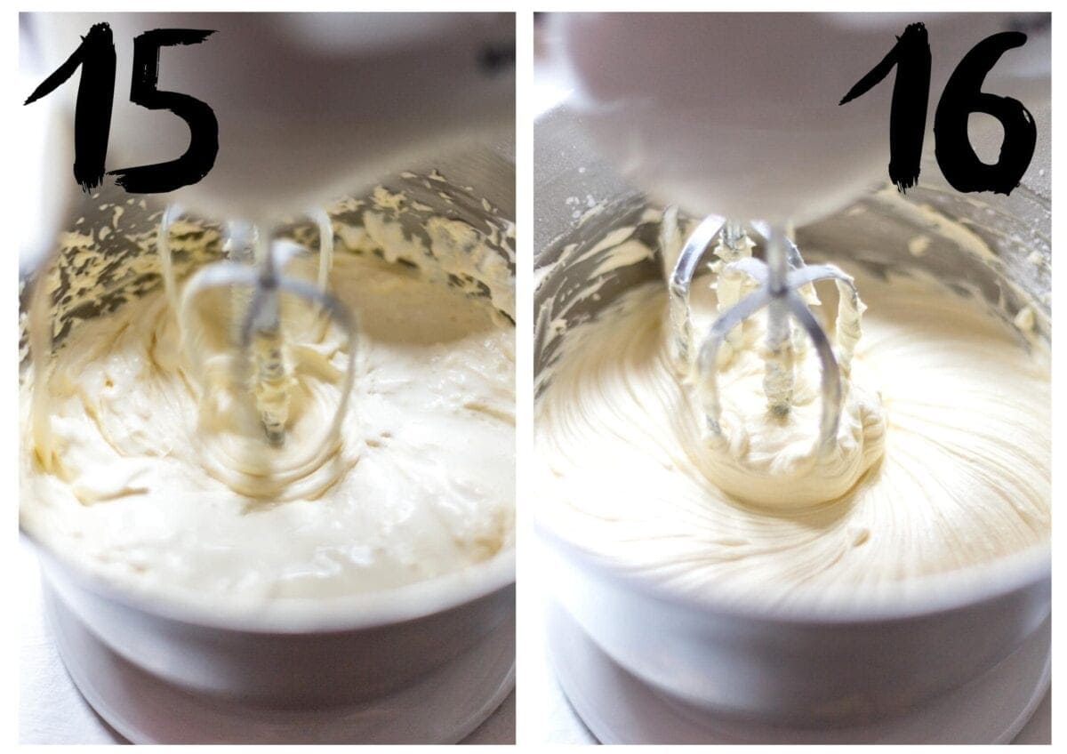 Side by side photos of the butter cream being made. On the left, after the vegan cream has been added. Then on the right, once it has been whipped until light and fluffy.