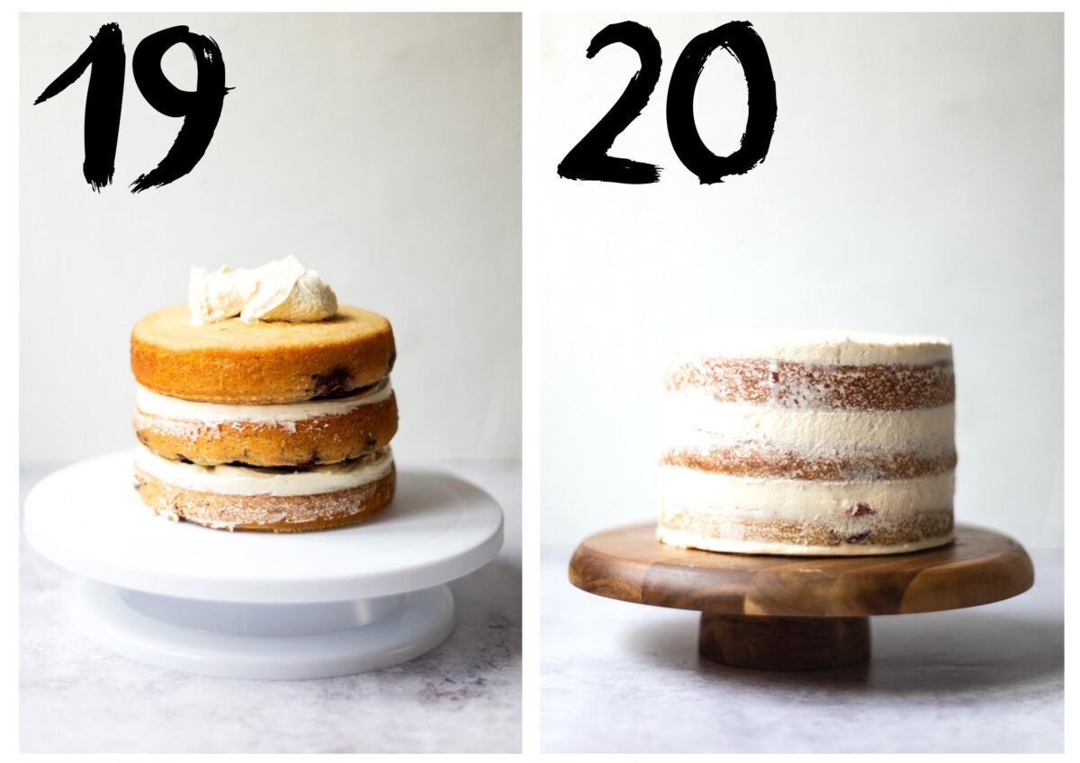 side by side phots of the lemon blackberry cake, before and after being covered in buttercream.