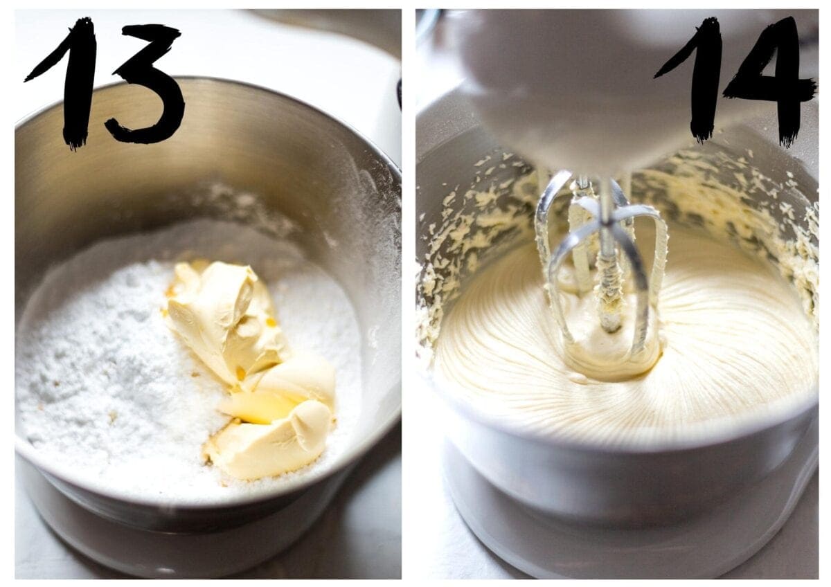Side by side photos of a mixer bowl. On the left, with the icing sugar and vegan butter added. On the right after it has been whipped together.