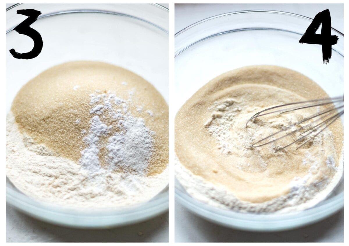 Side by side photos of the dry cake ingredients being mixed well together in a glass bowl.