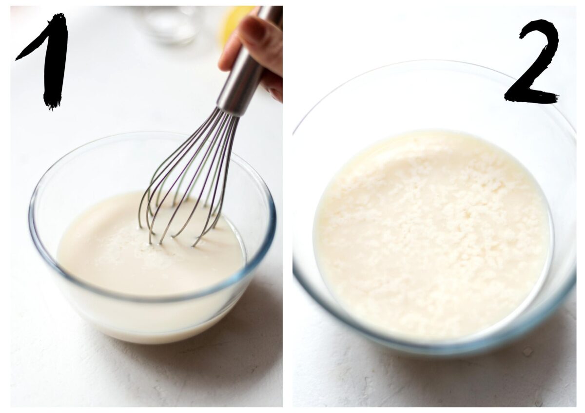 Side by side photos of the plant milk and apple cider vinegar being mixed together in a glass bowl with a whisk. Showing it before and after curdling in to a vegan buttermilk.