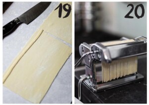 Side by side photos of the pasta dough being cut in to lengths and then being put through the pasta machine to make fettucine width ribbons.