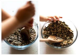 Side by side photos of the seeds and tamari in a glass bowl being stirred with a wood spoon by my toddler.