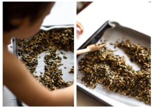 Side by side photos of my 3 year old spreading the seeds on to a lined baking, tray prior to roasting.