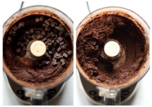 Side by side photos of the brownie batter in the food processor, on the left, with the chocolate chunks added, and on the right, after pulsing them through the batter.
