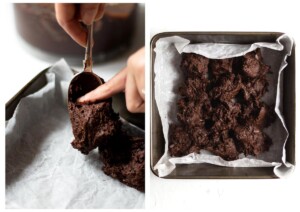 Side by side photos showing the vegan black bean brownie batter being spooned in to the baking tin, during and after.