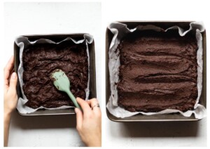 Two photos of the baking tin, filled with brownie batter, on a white background. On the left, being spread out. On the right, after being evenly spread out.
