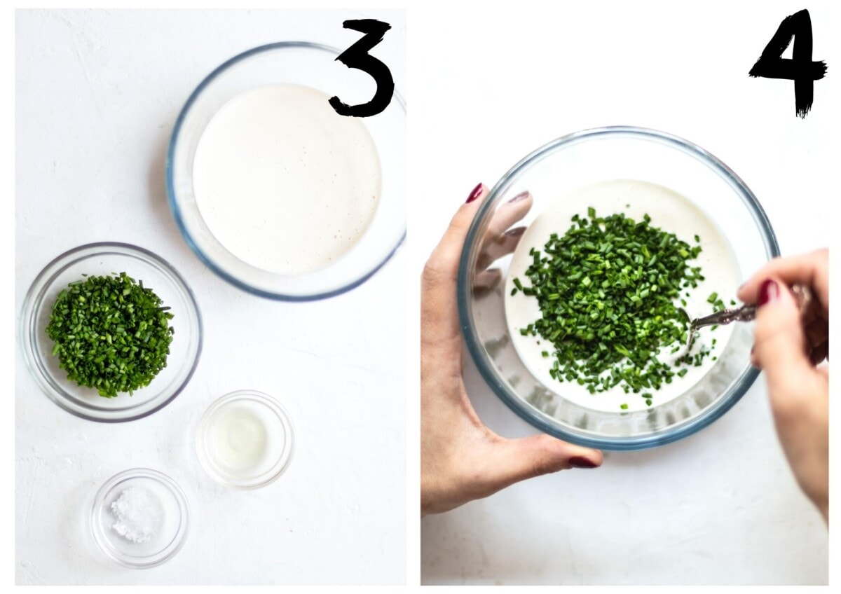On the left photo: four glass bowls on a white background. Each bowl containing the chive dip components (cashew cream, fresh chopped chives, lemon juice and sea salt. In the right photo: a glass bowl on a white background showing the chives being stirred in to the cashew cream.