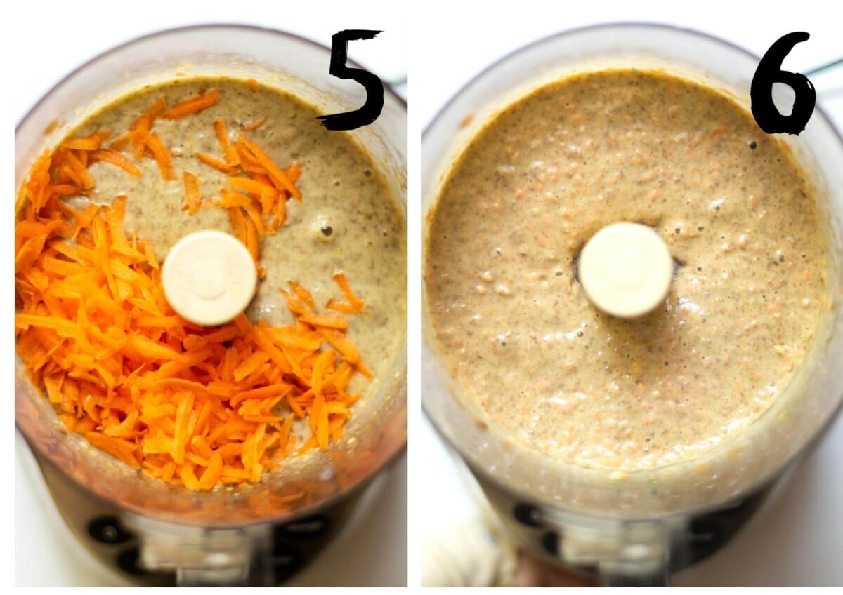 Adding the grated carrot to the food processor, and blending.