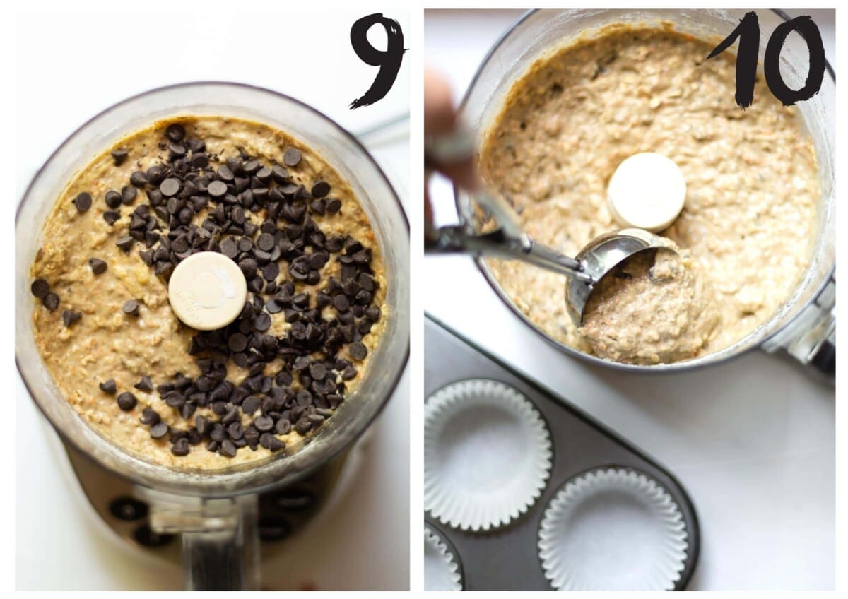 Adding the chocolate chips to the muffin batter, and diving between muffin cases.