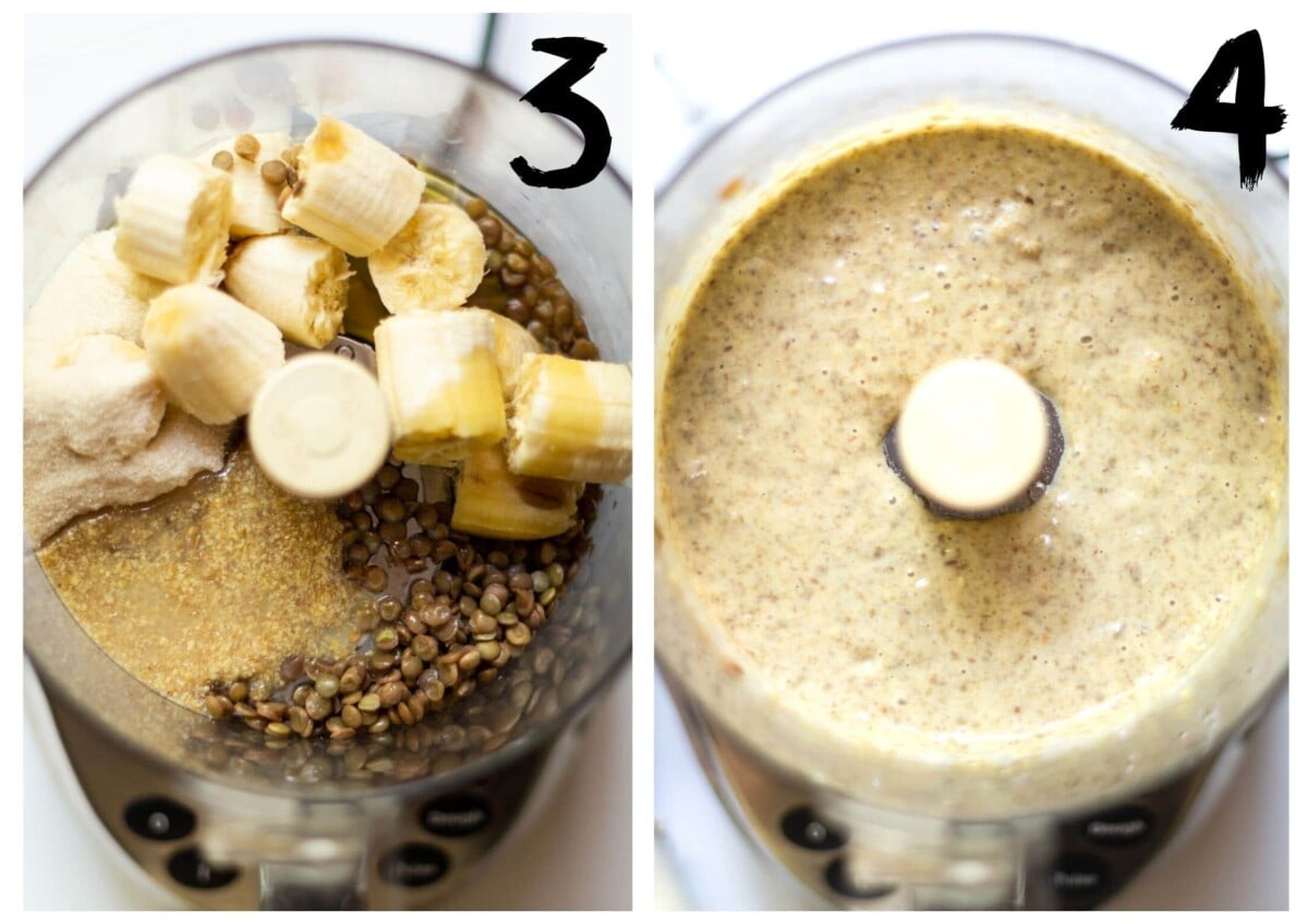 Before and after blending the lentils, banana and sugar together.