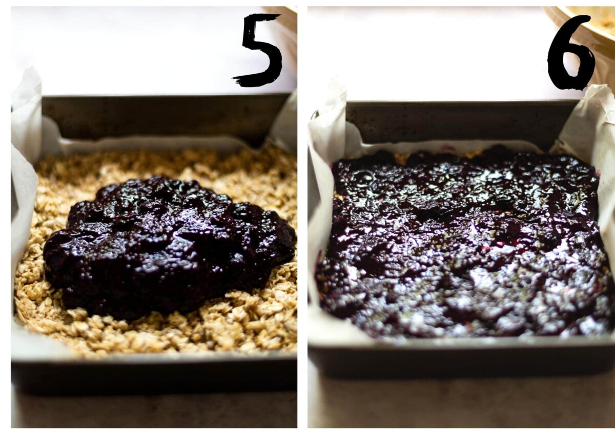 Topping the bottom crumble layer with blueberry chia jam.