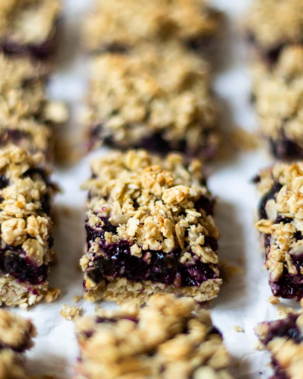 A close up picture of the crumble bars from a side angle.