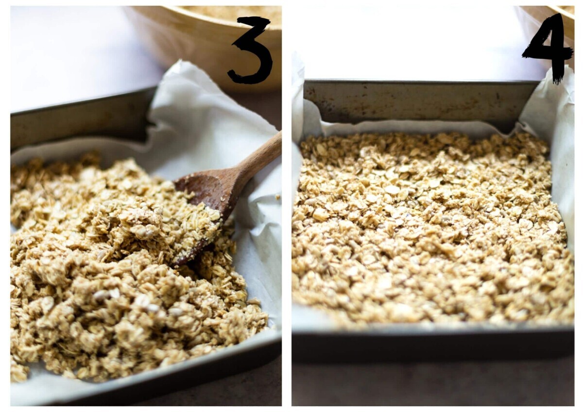 Pressing the bottom crumble layer in to the baking tin.