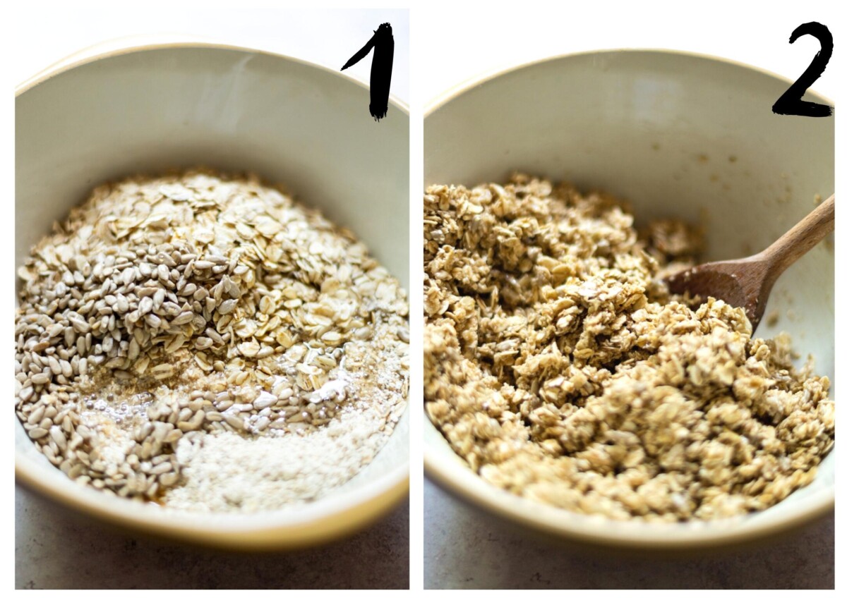 The crumble ingredients being mixed together in a bowl.