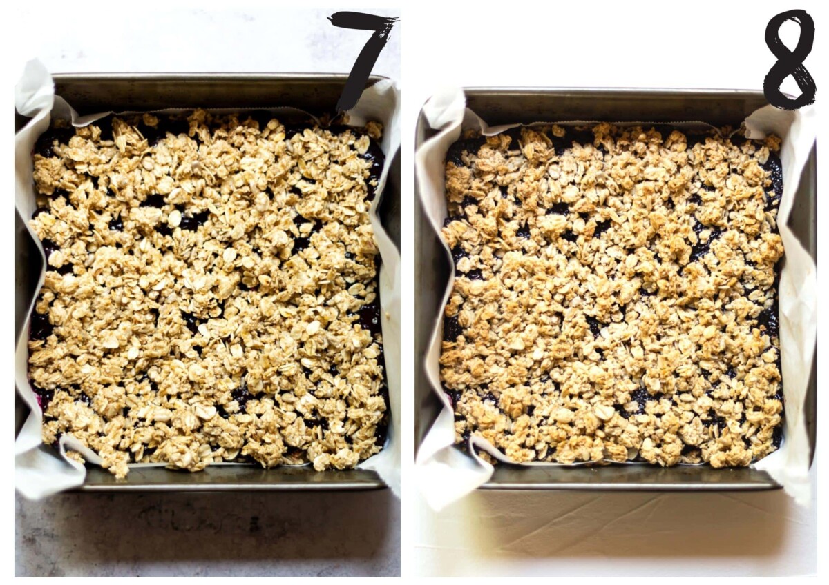 Side by side photos of the crumble bars before and after baking.