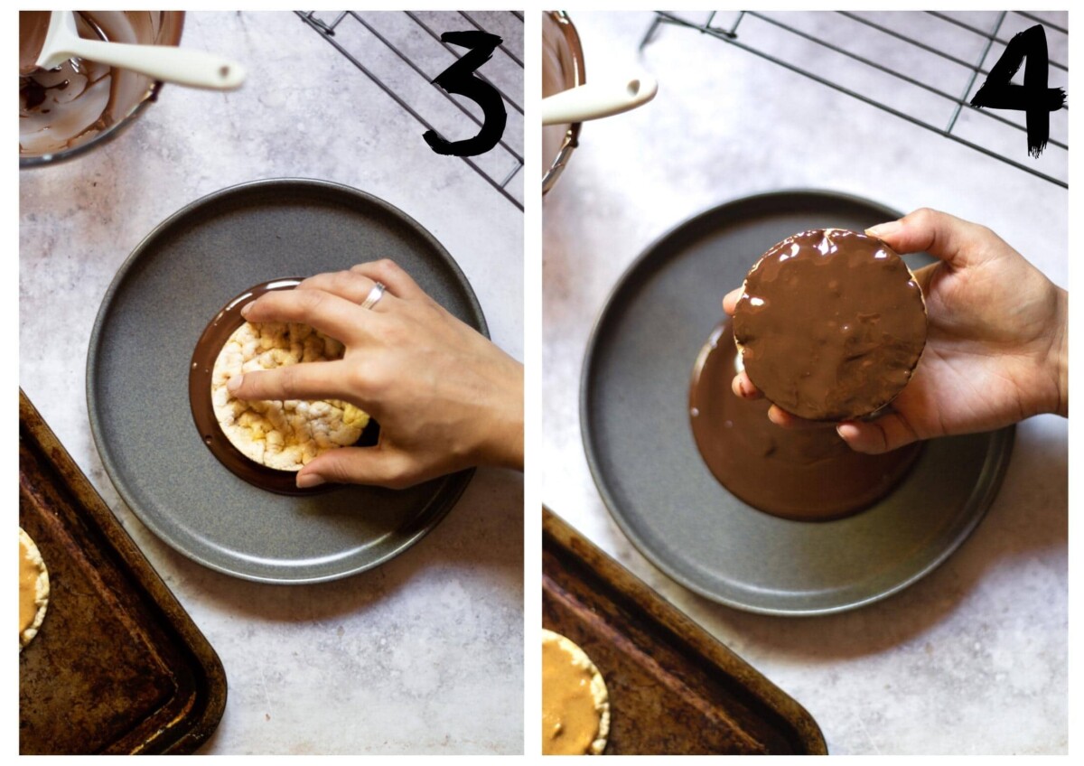 Photos showing the peanut butter rice cakes being dipped in melted chocolate.