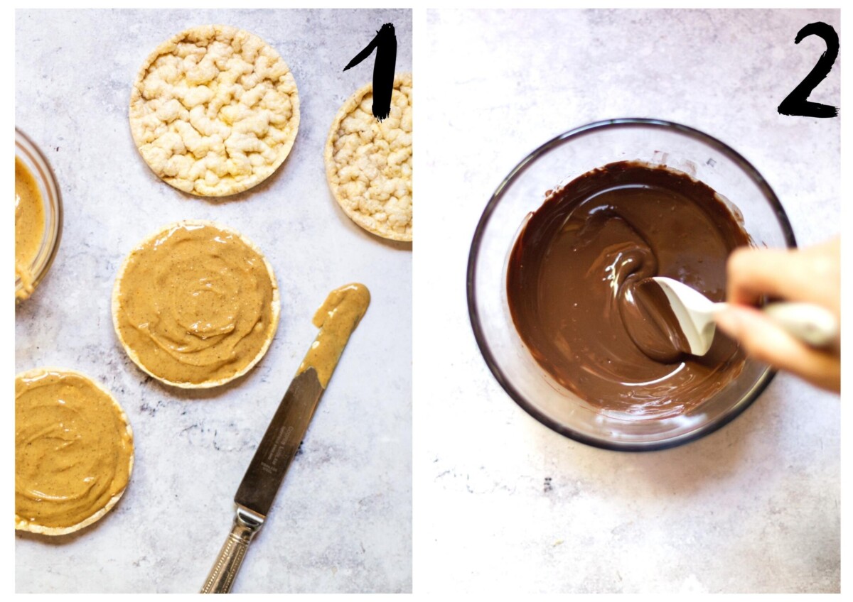 4 rice cakes having peanut butter spread over one side, and the chocolate being melted.