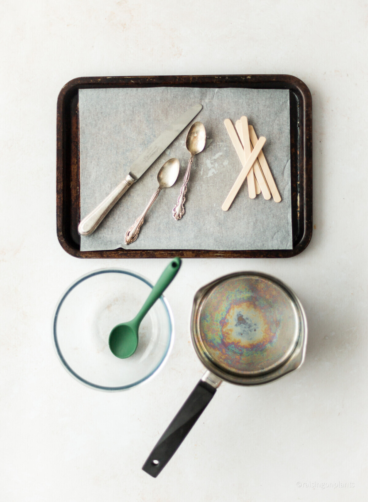 The equipment for the recipe all laid out together on a white background.